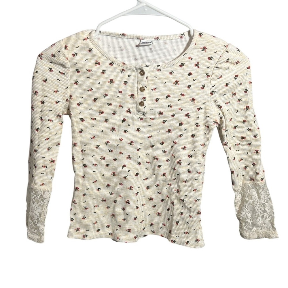 Wallflower Girls M (10/12) Waffle Knit Floral Henley Top Long Sleeve Lace Cuffs